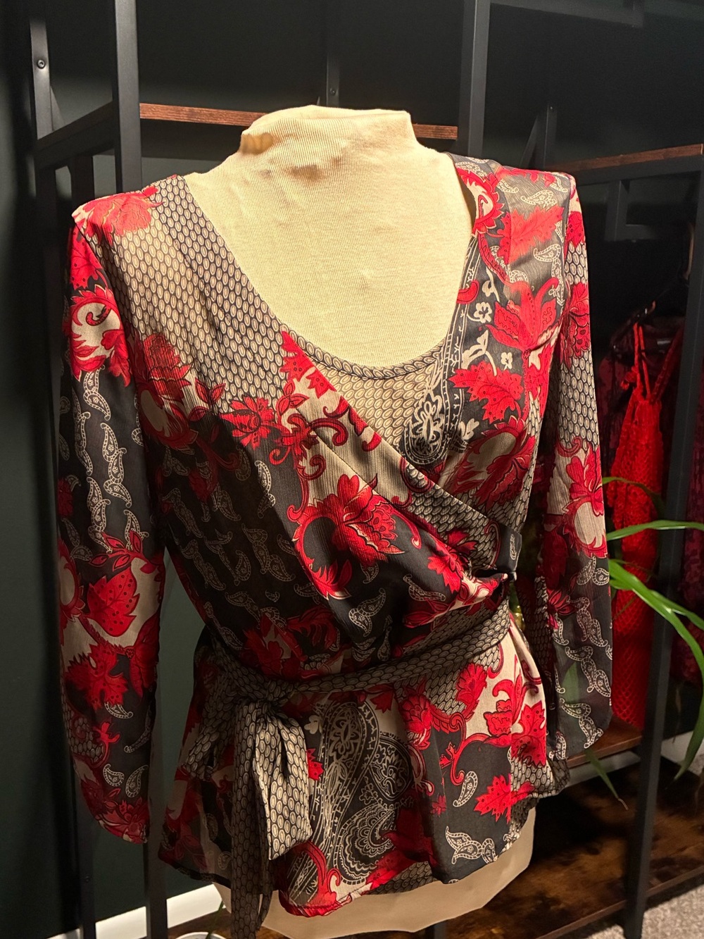 Women’s Red Floral Wrap Blouse